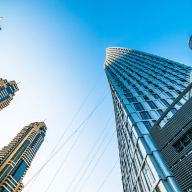Looking up Lower Dubai skyscrapers