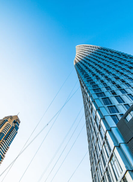 Looking up Lower Dubai skyscrapers