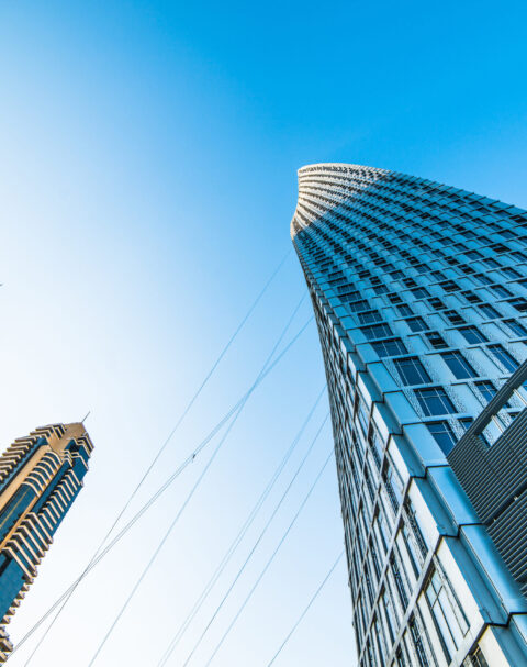 Looking up Lower Dubai skyscrapers