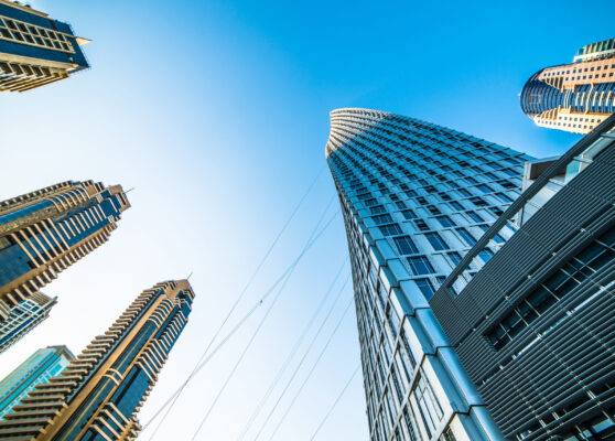 Looking up Lower Dubai skyscrapers