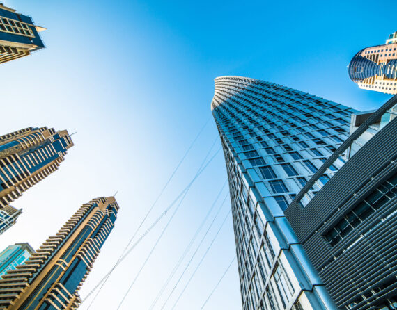 Looking up Lower Dubai skyscrapers