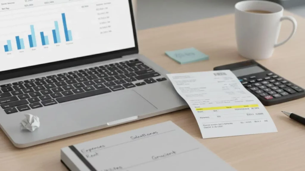 Ordinateur portable, factures et calculatrice utilisés pour calculer le budget mensuel et le coût de la vie à Dubaï
