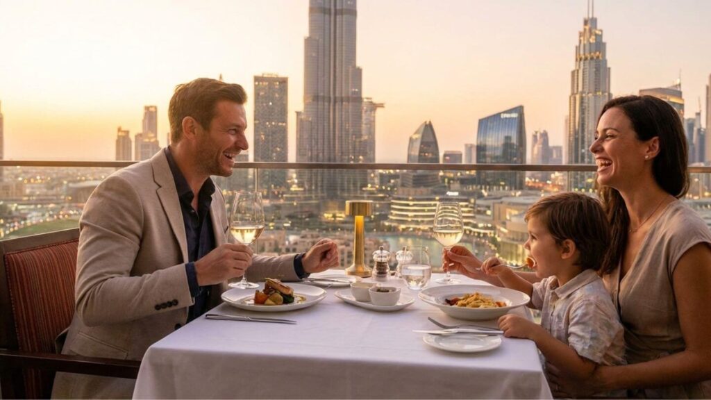 Famille qui dîne avec vue sur le centre de Dubaï, illustrant le budget sorties et loisirs
