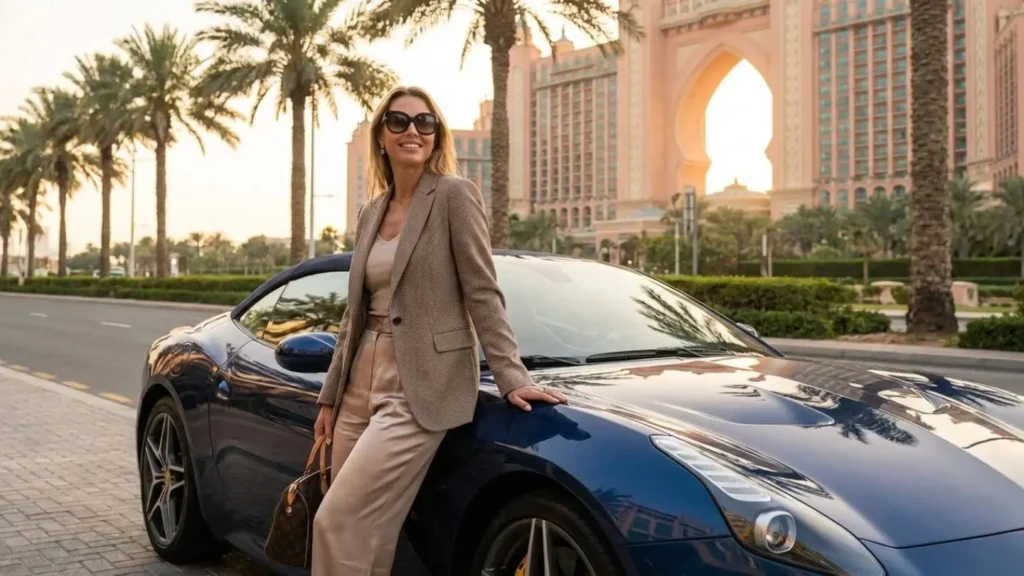 Expatriée appuyée sur une voiture de sport à Dubaï, symbole du coût de la voiture et des déplacements
