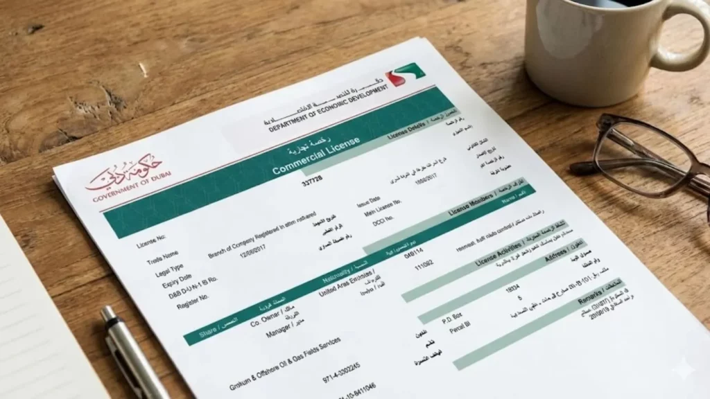 Licence commerciale de Dubaï posée sur un bureau, symbolisant la création de société pour le visa de résidence